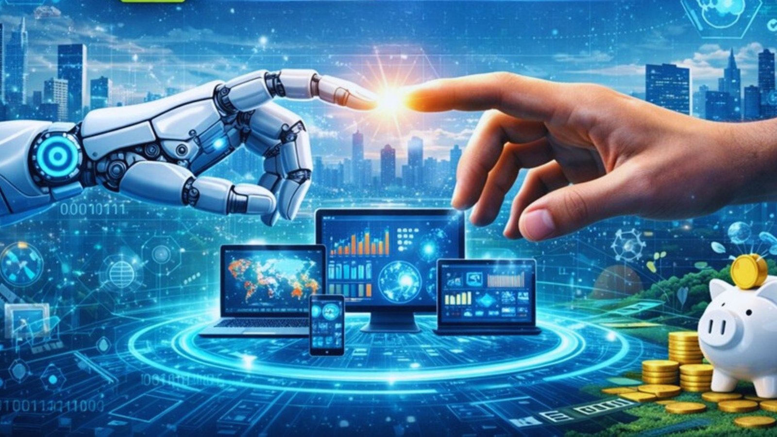 A futuristic graphic depicting artificial intelligence transforming the finance industry with digital elements and data visuals.