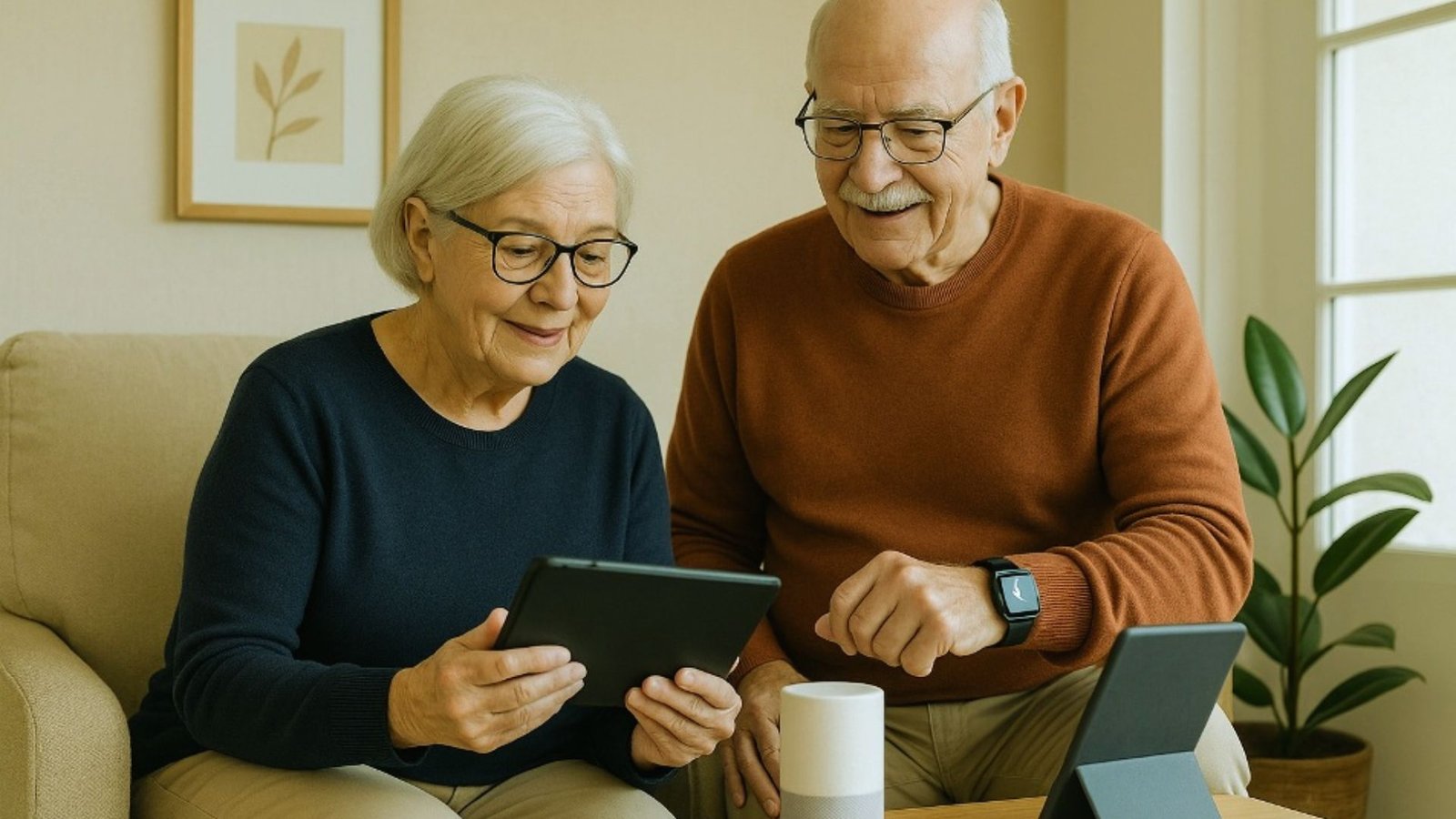 An older couple sitting together, engaged with a tablet computer, sharing a moment of technology and connection.