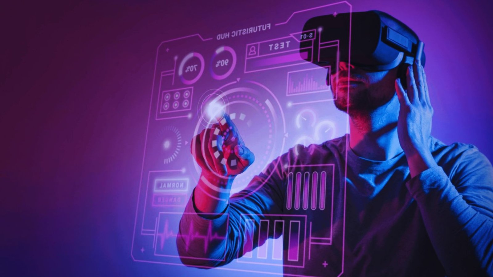 A man wearing a virtual reality headset, immersed in a digital experience, with a focused expression on his face.