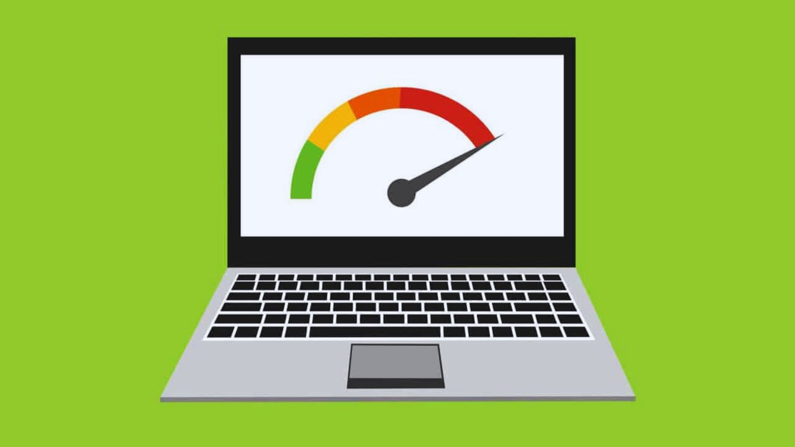 A laptop with a speedometer image, representing metrics related to performance or data transfer rates.