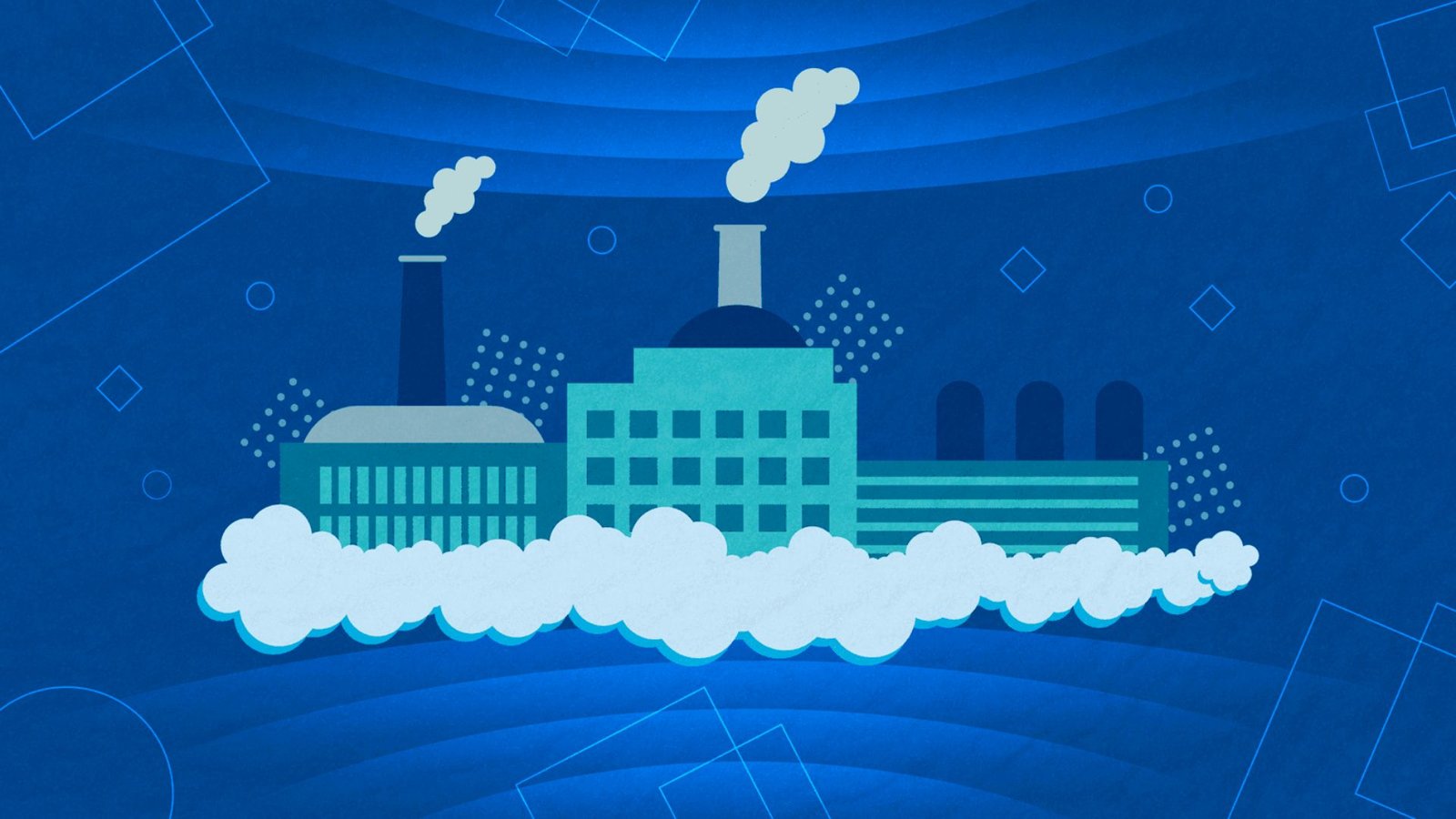 A blue background featuring a factory with smoke billowing from its chimney.