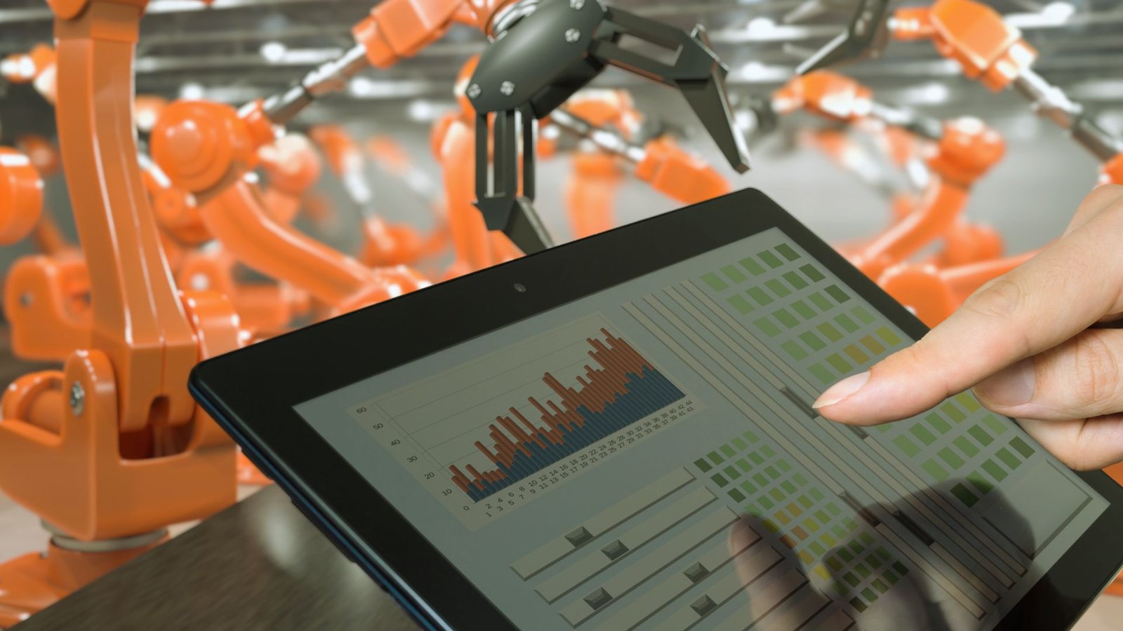  A person interacts with a tablet while robots are visible in the background, showcasing technology in use.