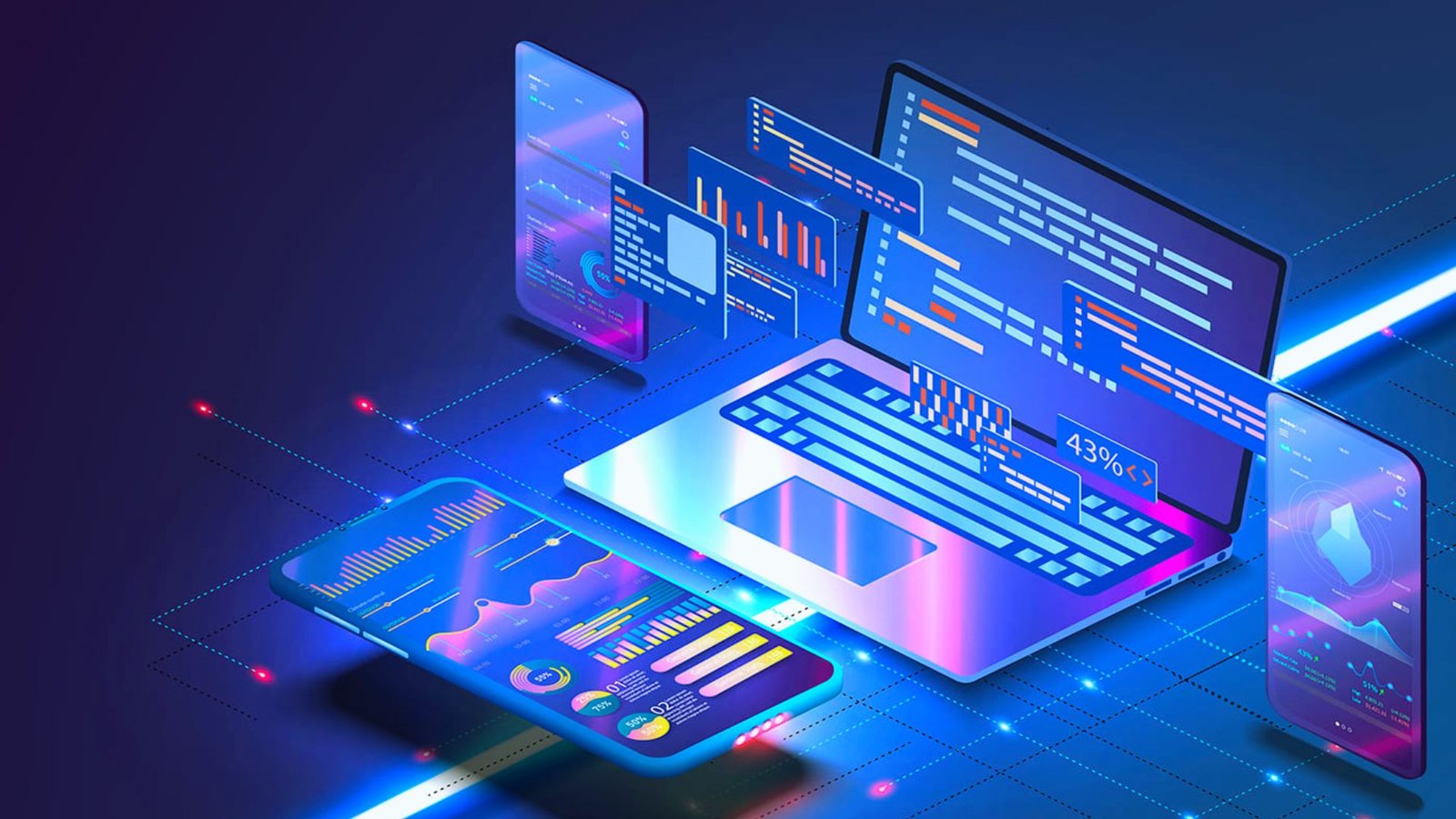 A laptop computer with an open screen sits next to a smartphone on a desk.