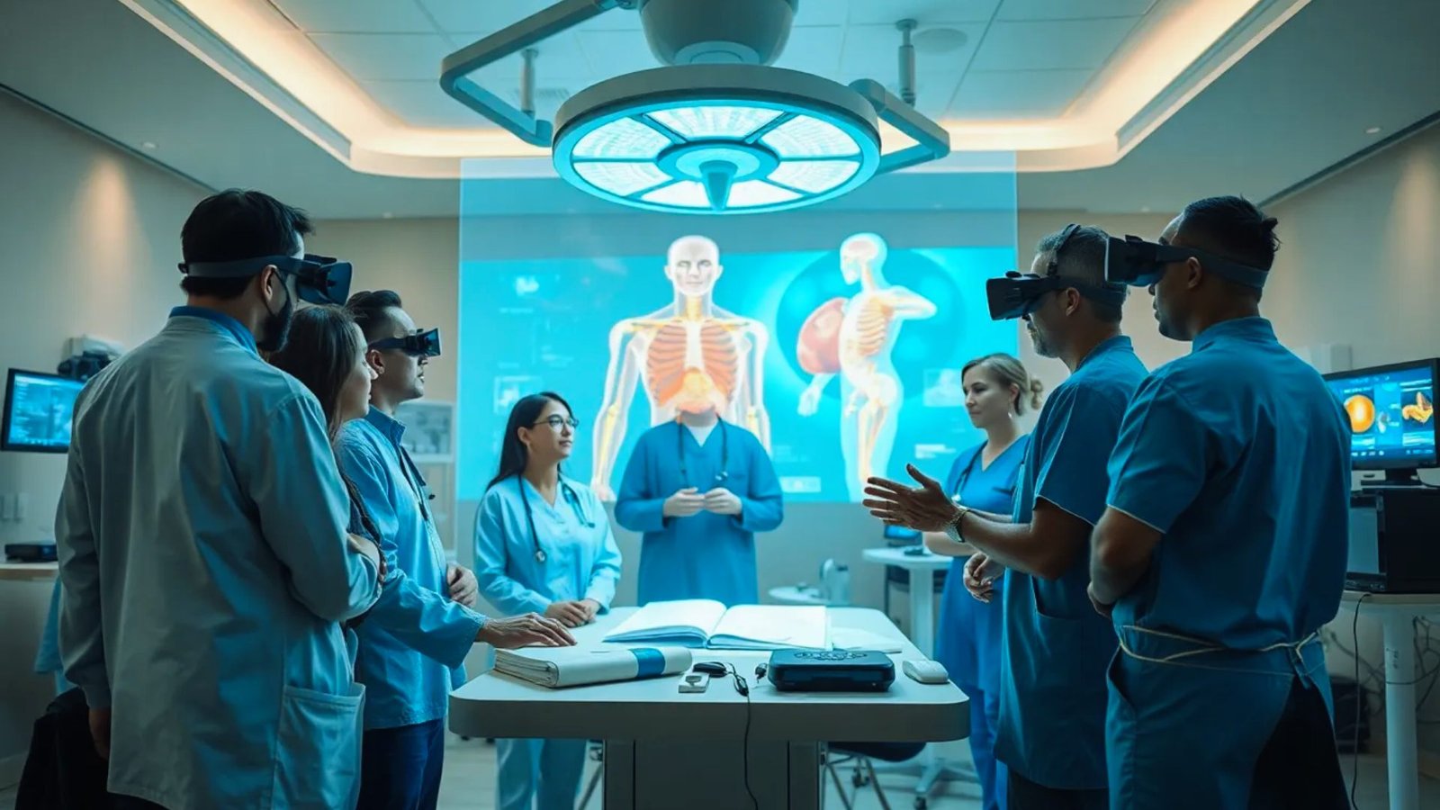 A surgeon using virtual reality technology to enhance precision during an operation in a modern operating room.