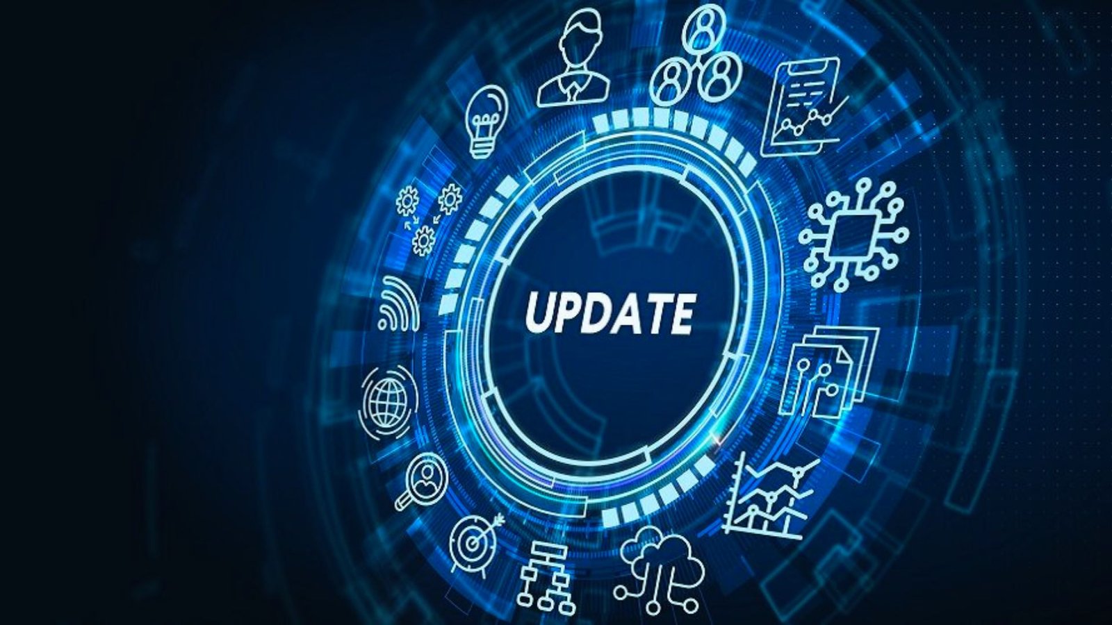  Illustration depicting an abstract concept of technology updates with various digital elements and devices.
