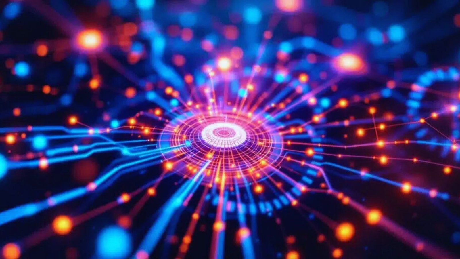  Abstract background featuring glowing lights and dots in a vibrant, dynamic arrangement.