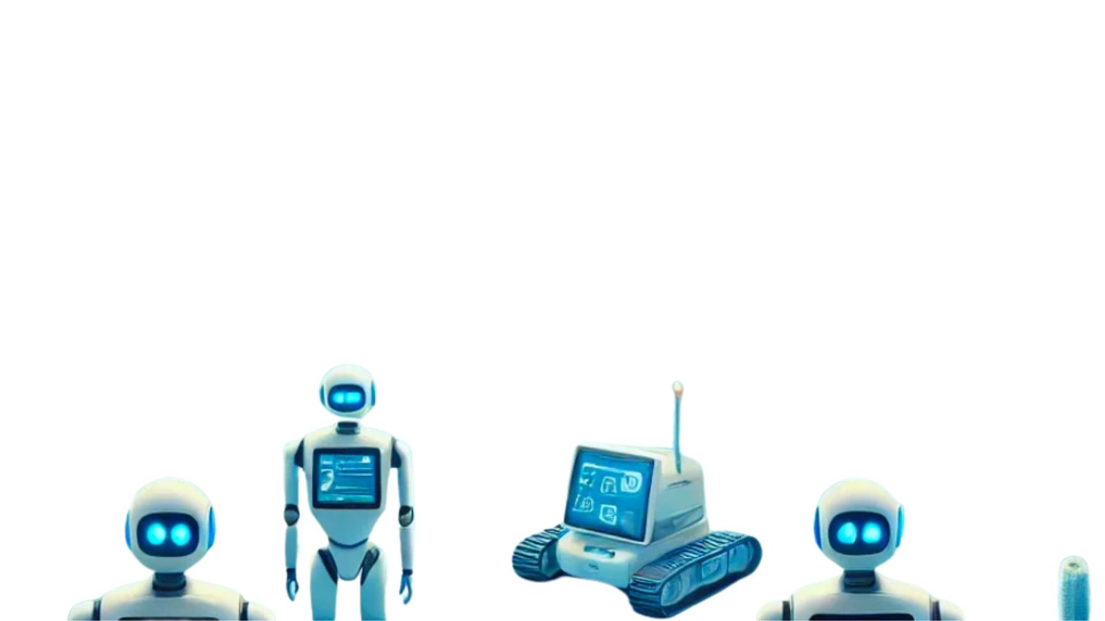  A group of robots gathers around a computer, engaged in a collaborative task or discussion.
