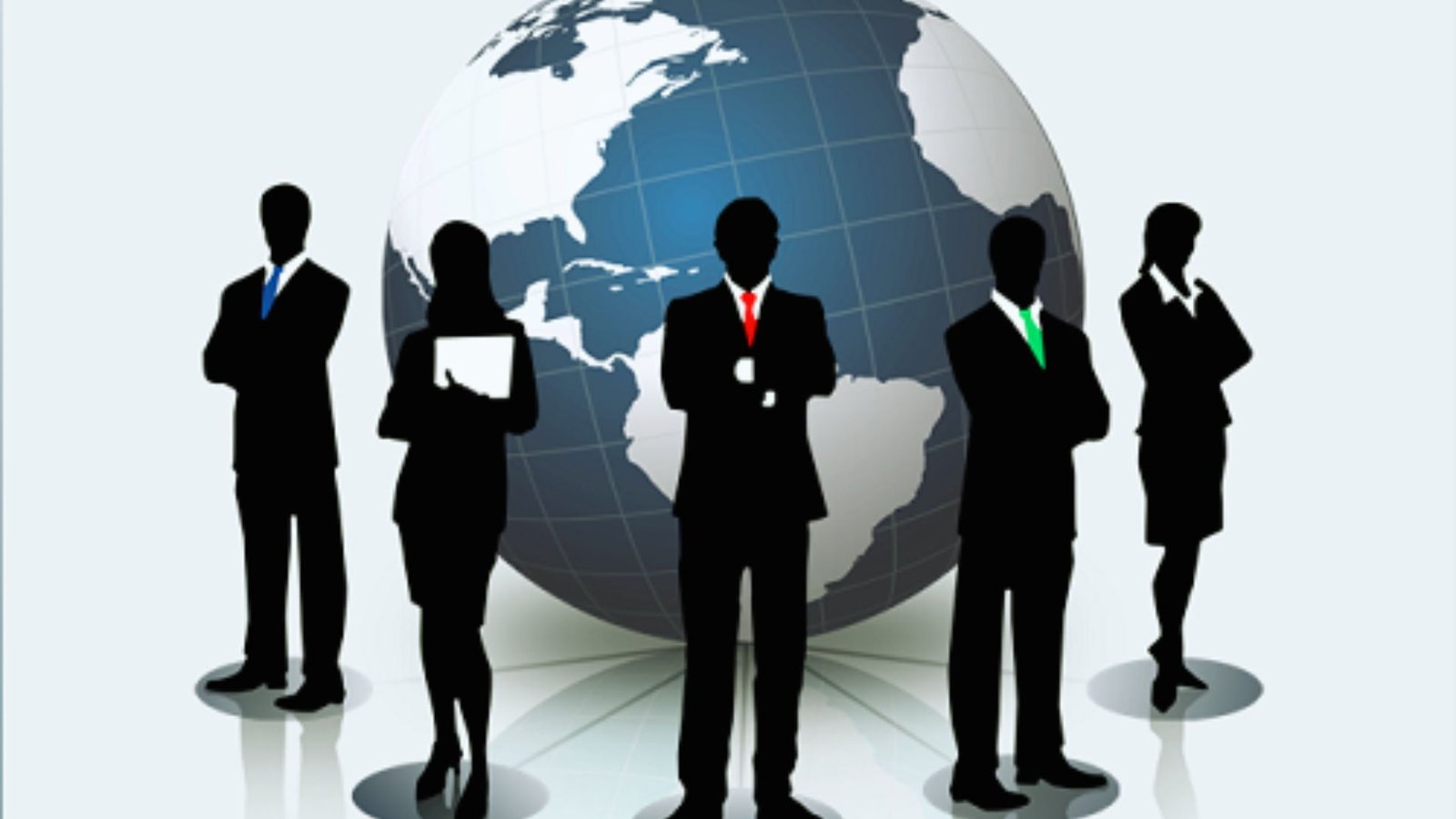 Business professionals standing together in front of a large globe, symbolizing global collaboration and outreach.
