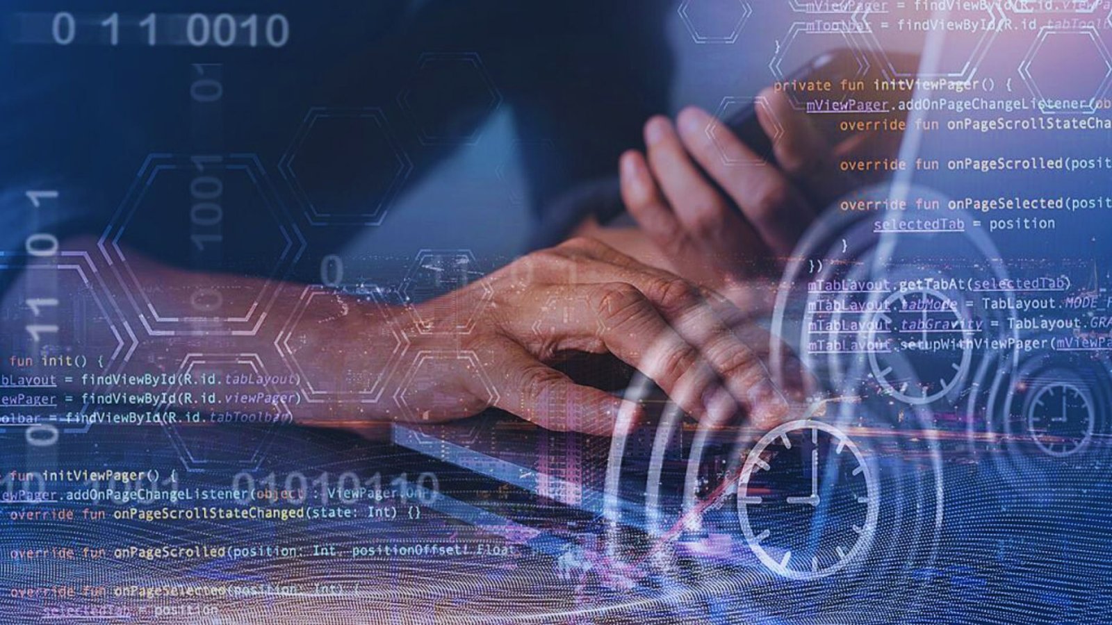  A person typing on a laptop, surrounded by a vibrant digital background filled with abstract patterns.
