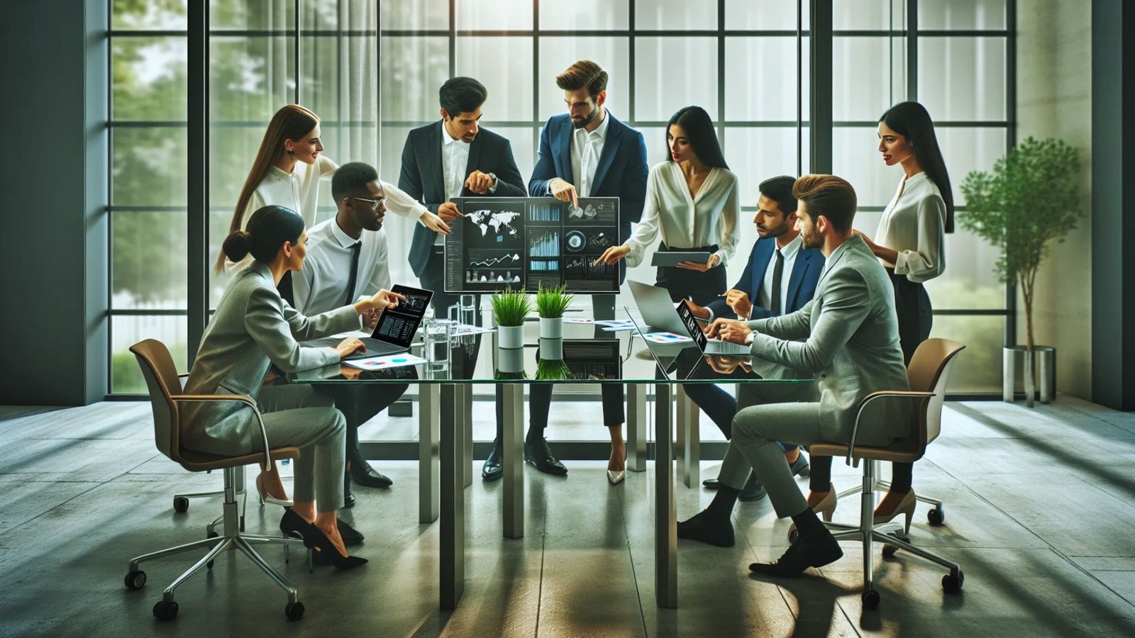 Business professionals collaborating in a meeting room, discussing ideas and strategies around a conference table.
