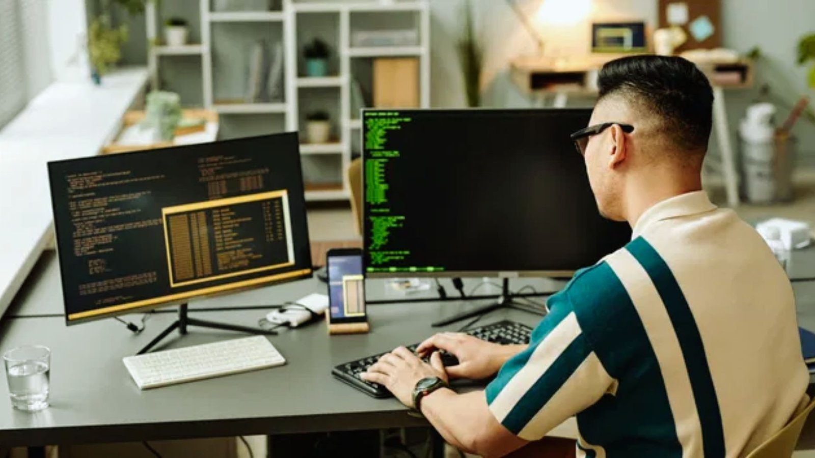 A cartoon robot sits in front of a computer screen, focused on the display with a curious expression.