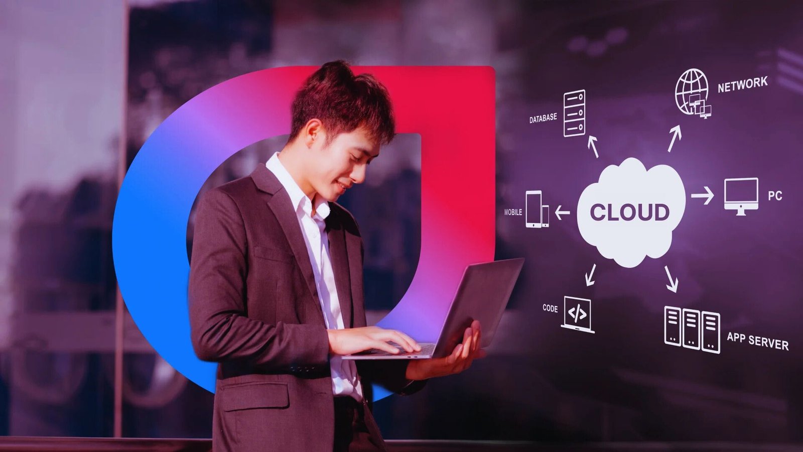 Man in a business suit working on a laptop, surrounded by cloud computing icons representing digital technology.