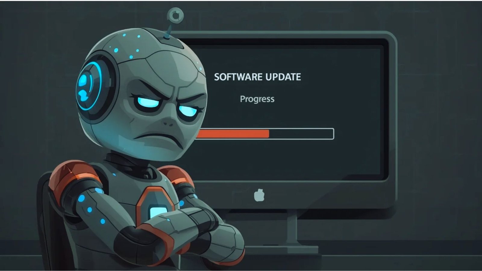  A cartoon robot sits in front of a computer screen, focused on the display with a curious expression.