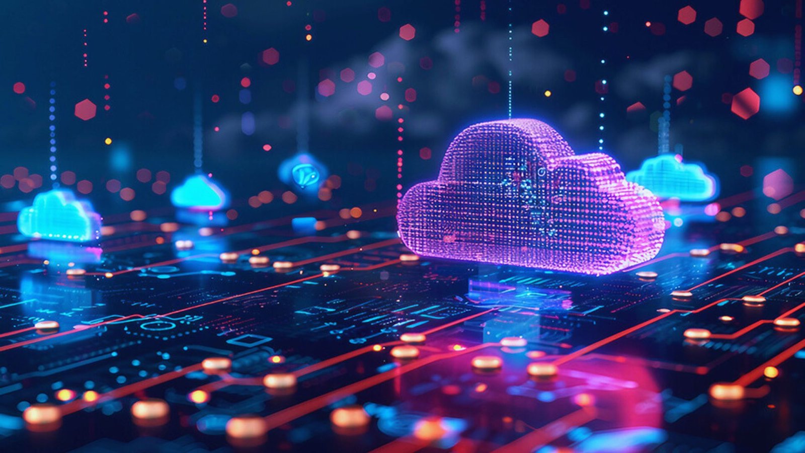 Futuristic representation of cloud computing, showcasing advanced technology and digital connectivity in a modern landscape