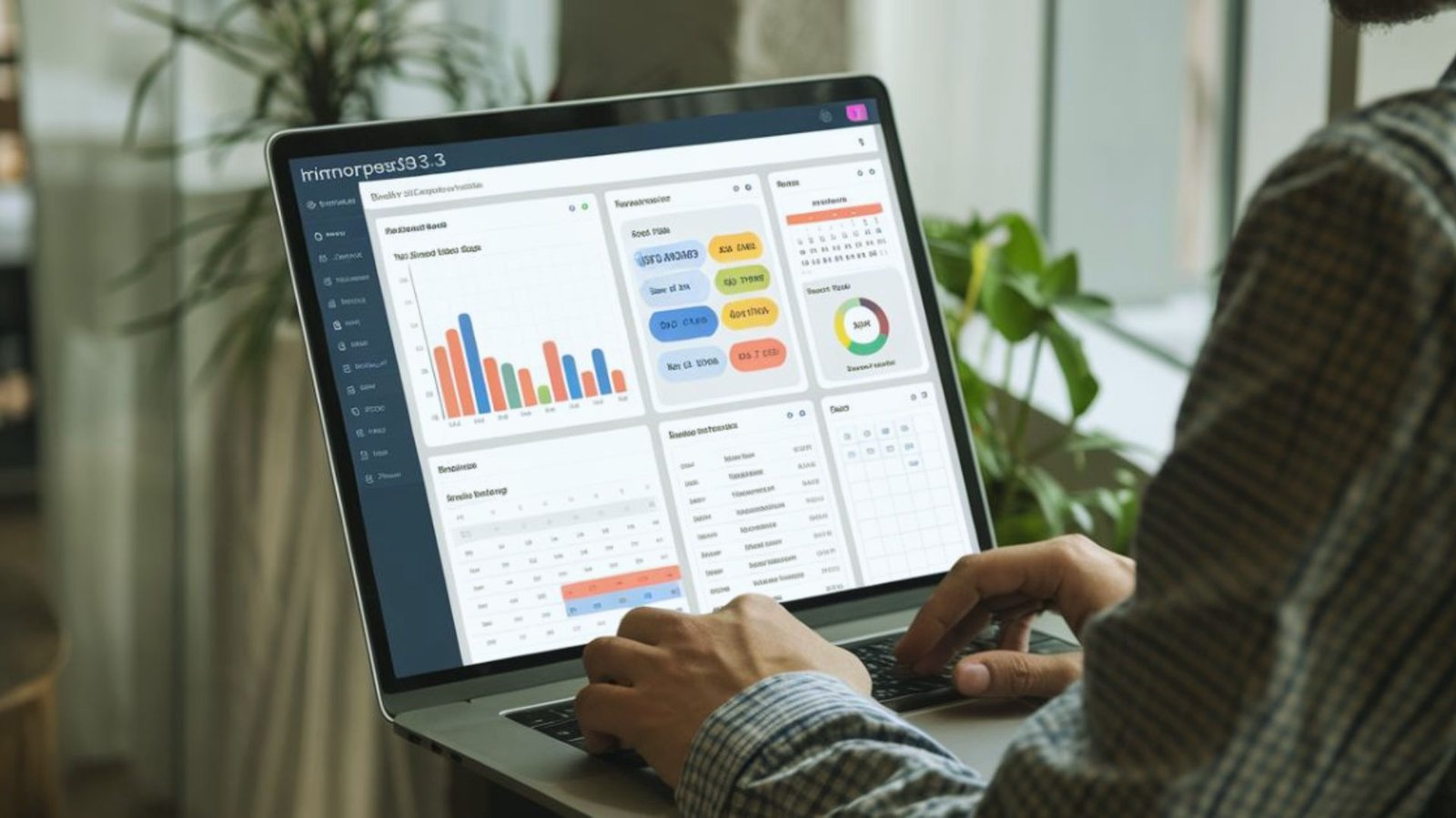 . A person working on a laptop displaying a data dashboard, focused on analyzing information.