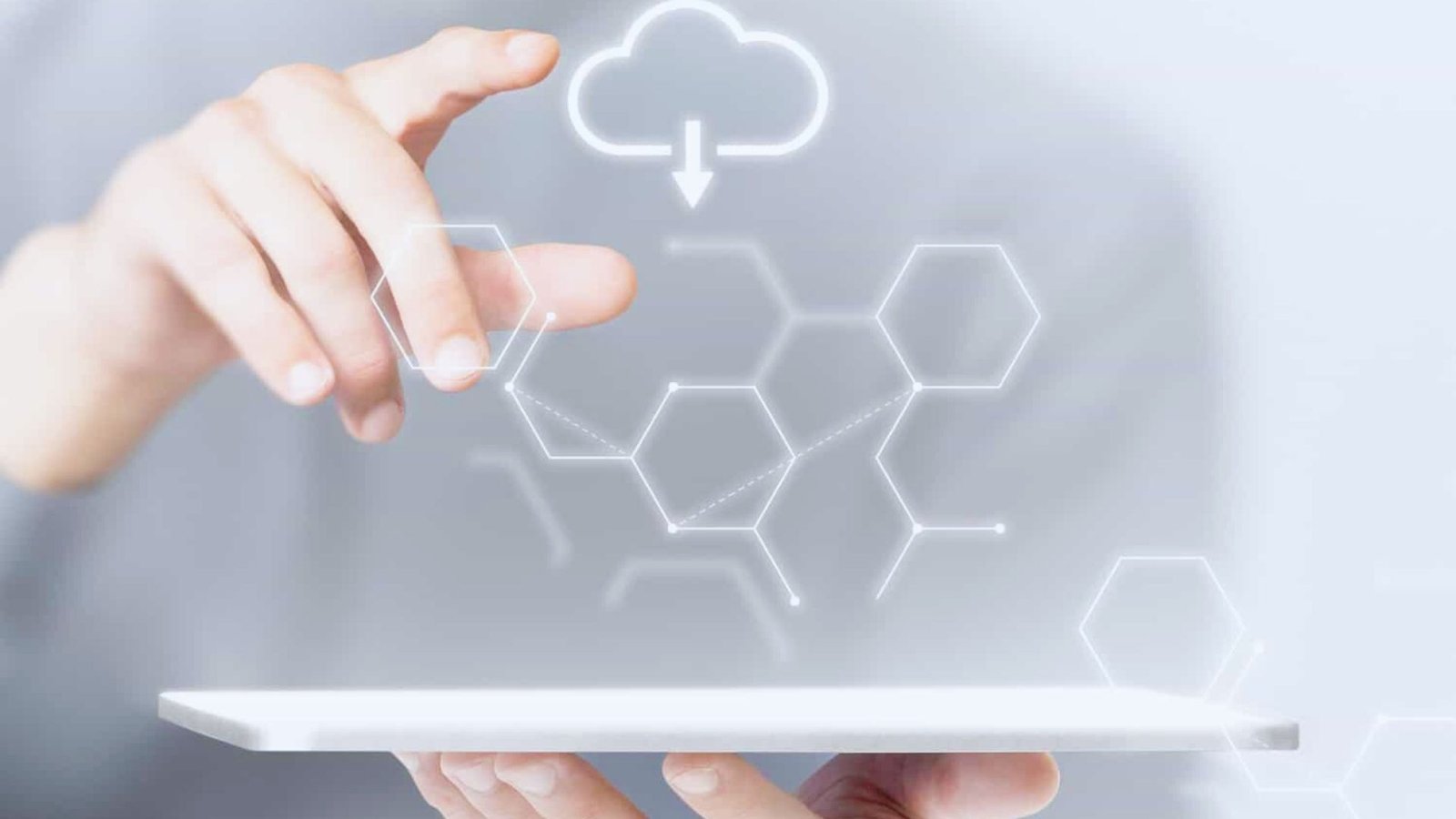 Illustration of cloud computing in an enterprise setting, showcasing data storage and collaboration tools in a digital environment.