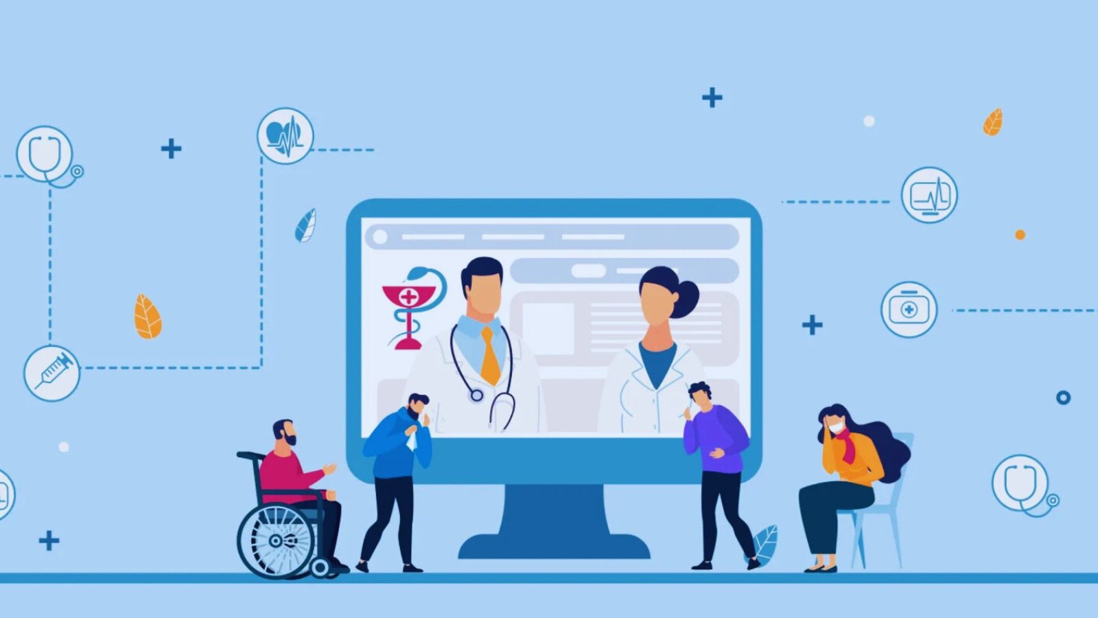  A group of people observes a computer screen displaying a person in a wheelchair, engaged in a virtual meeting.