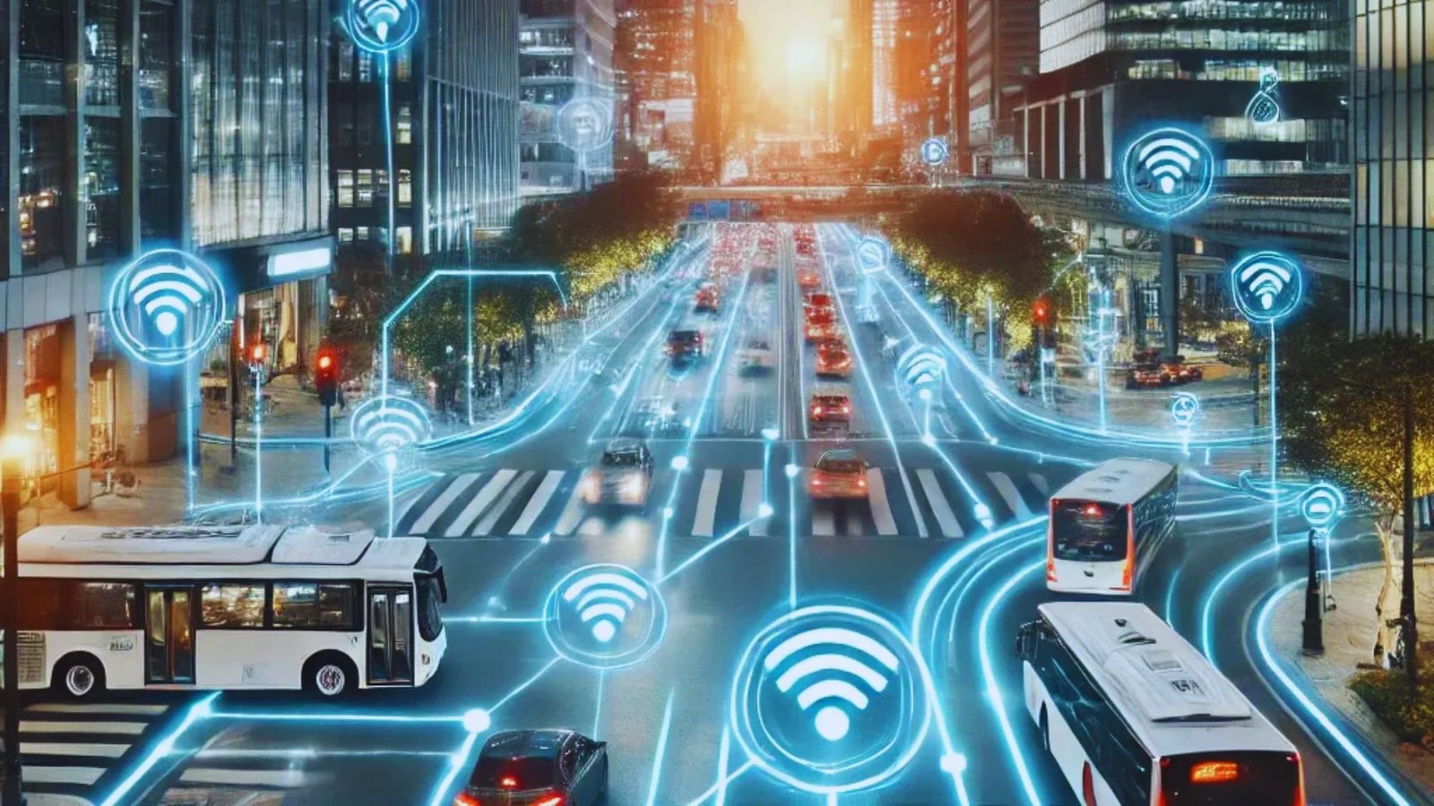 A bustling cityscape filled with smart devices and heavy traffic, showcasing modern urban technology and connectivity.