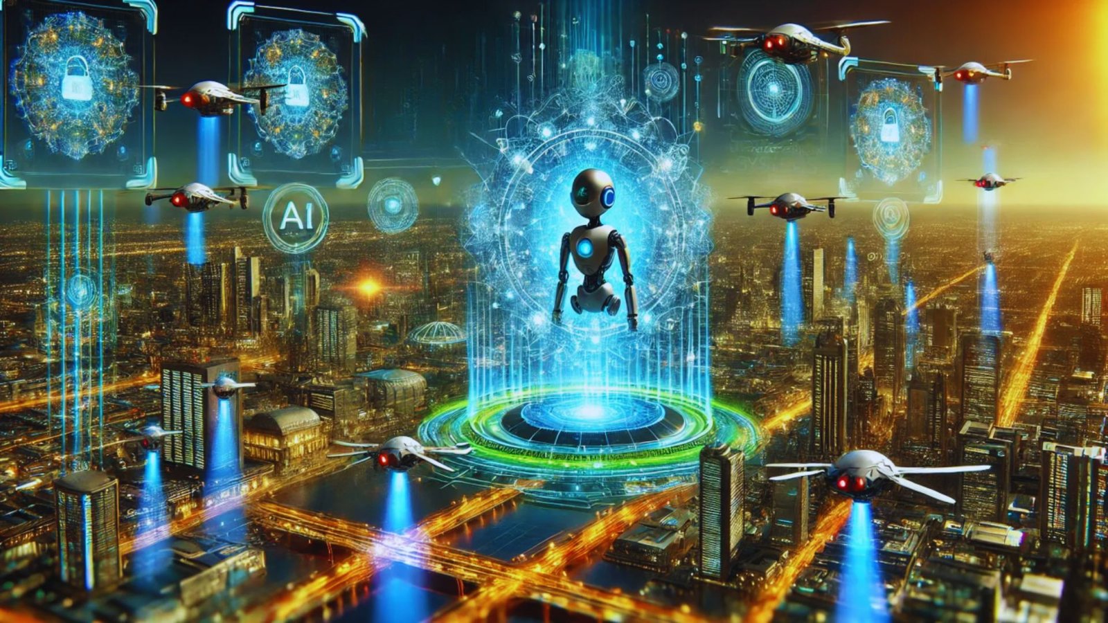  An alien spacecraft hovers over a futuristic city filled with advanced technology and glowing skyscrapers.