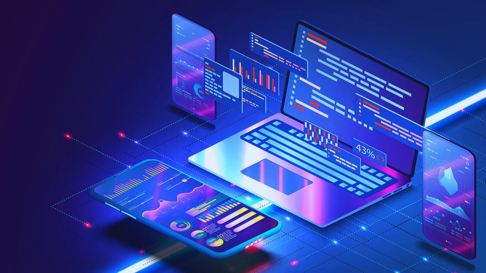  A laptop and a smartphone are displayed next to a computer screen, showcasing a modern workspace setup.