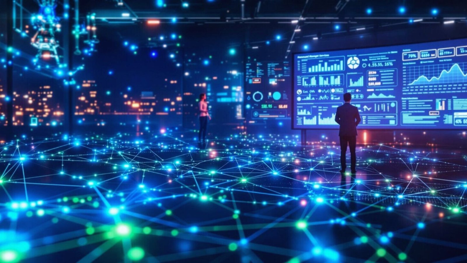  A man stands before a screen displaying a network of illuminated lights, suggesting a technological or data-driven theme.