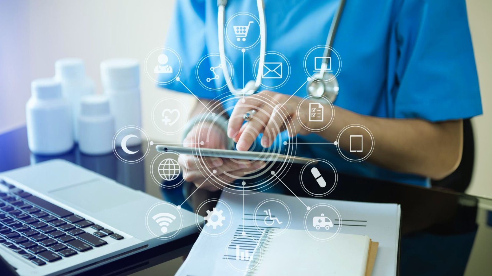 A doctor examines a tablet displaying various health-related icons in a clinical setting.