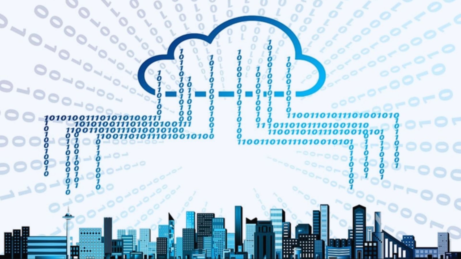 A city skyline with cloud computing symbols and data storage icons, illustrating modern technology integration in urban life.