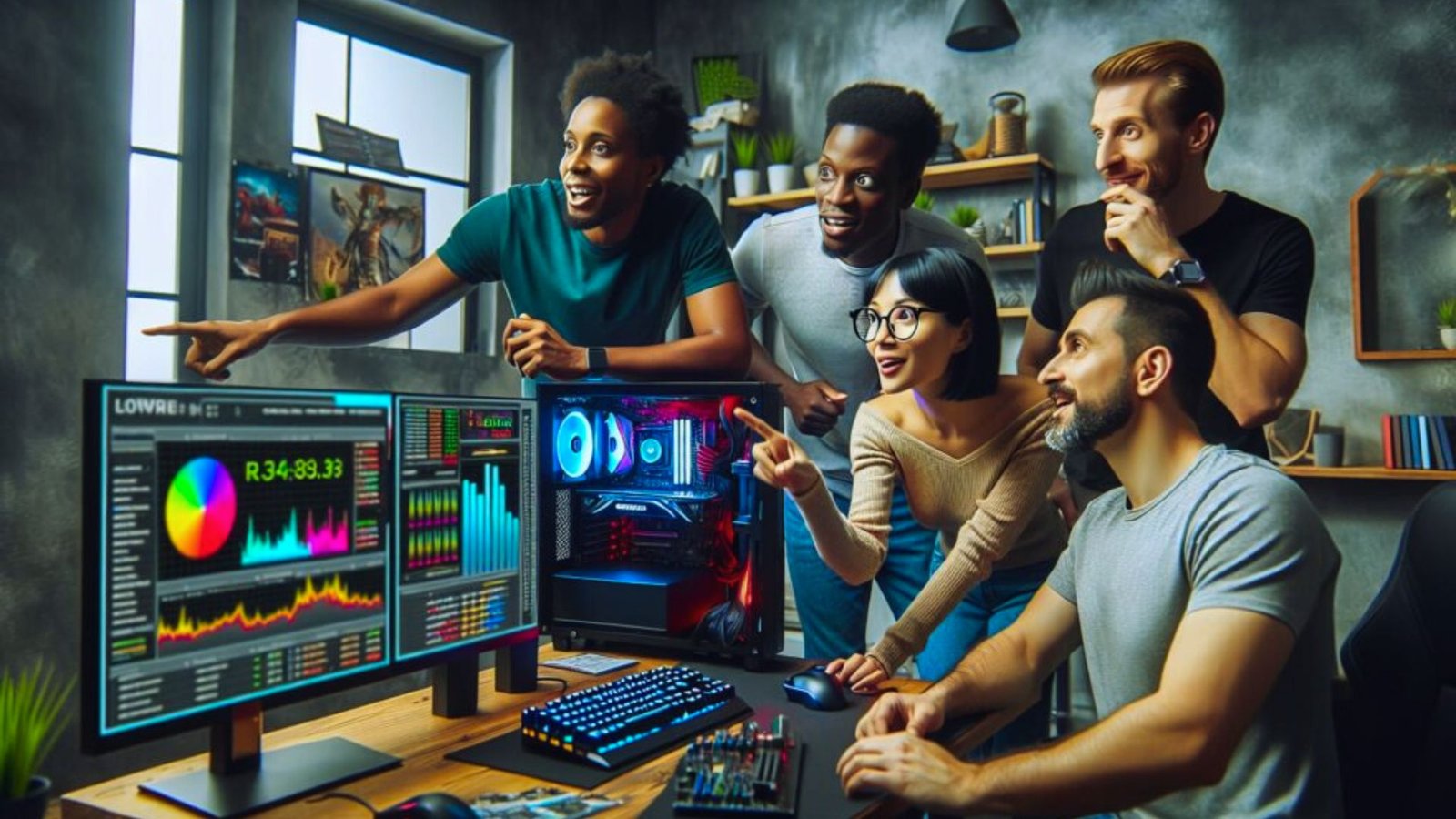  A group of diverse individuals gathered around a computer screen, engaged in discussion and observation.
