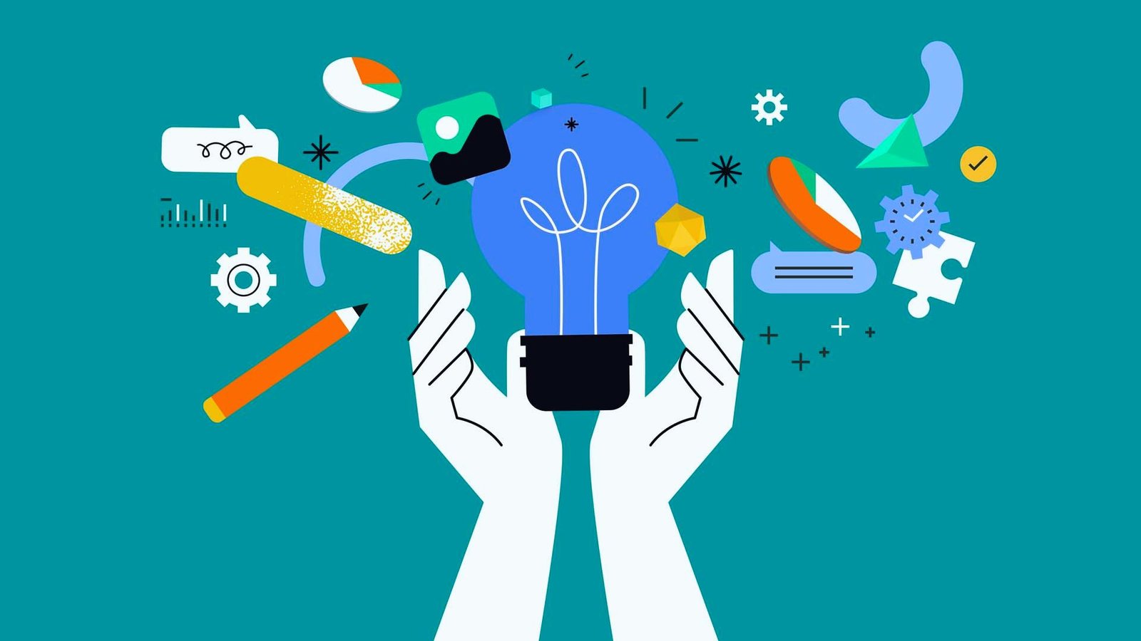 Hands holding a light bulb surrounded by various icons representing ideas and innovation.