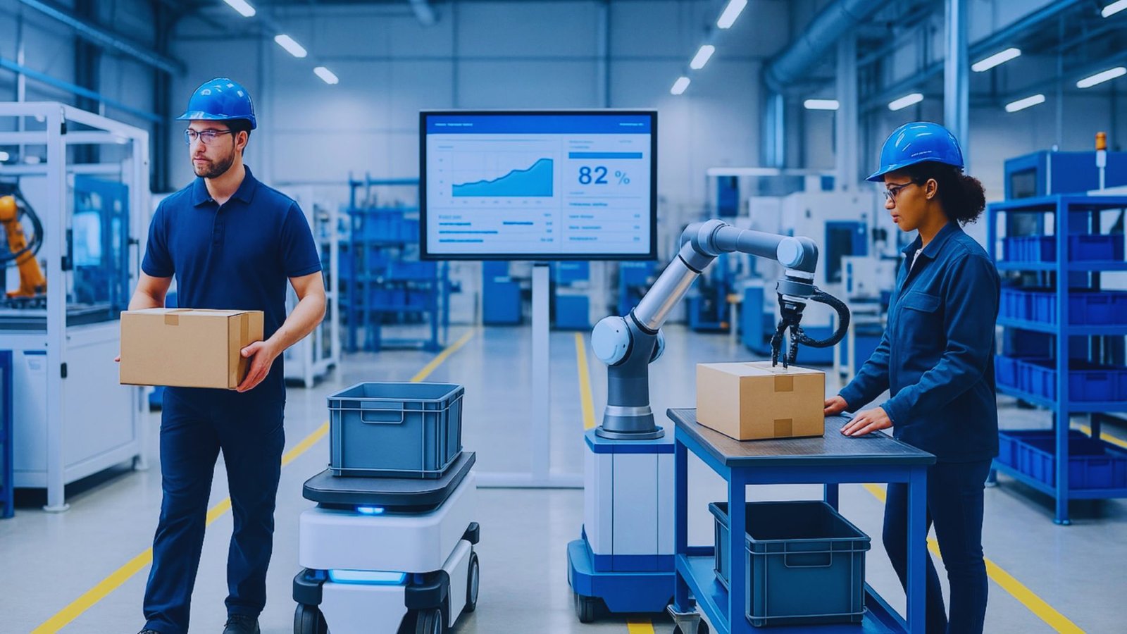 Two individuals wearing blue hard hats stand in a factory surrounded by stacked boxes.