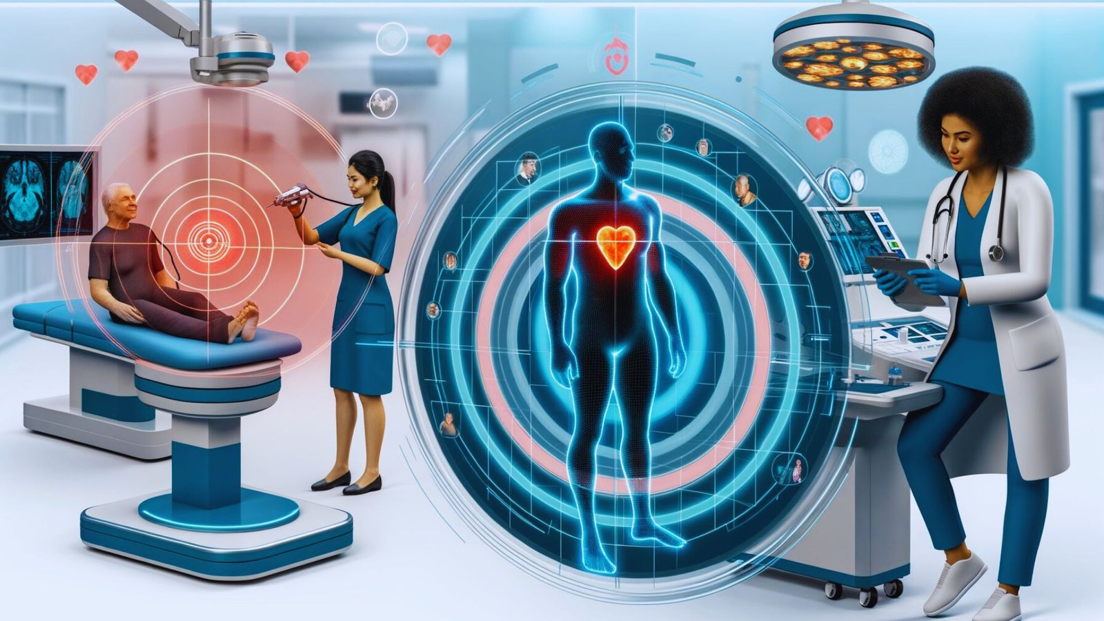  A futuristic healthcare setting showcasing advanced technology and innovation in patient care and medical practices.
