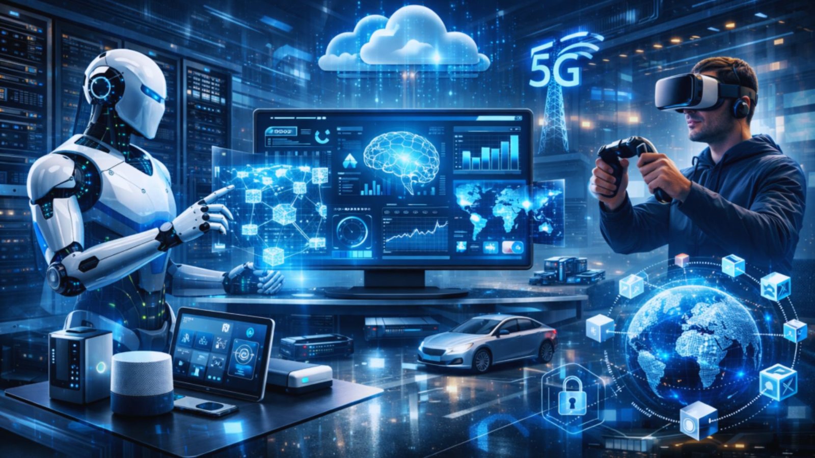 Visual representation of 5G technology and its impact on the future of the internet, featuring interconnected devices and networks.
