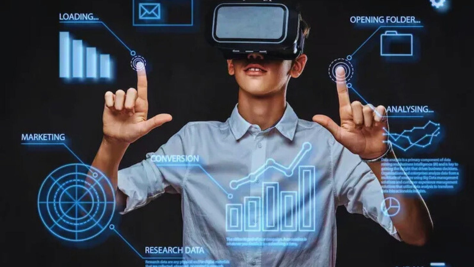 A man wearing a virtual reality headset points at a screen, engaged in an immersive digital experience.