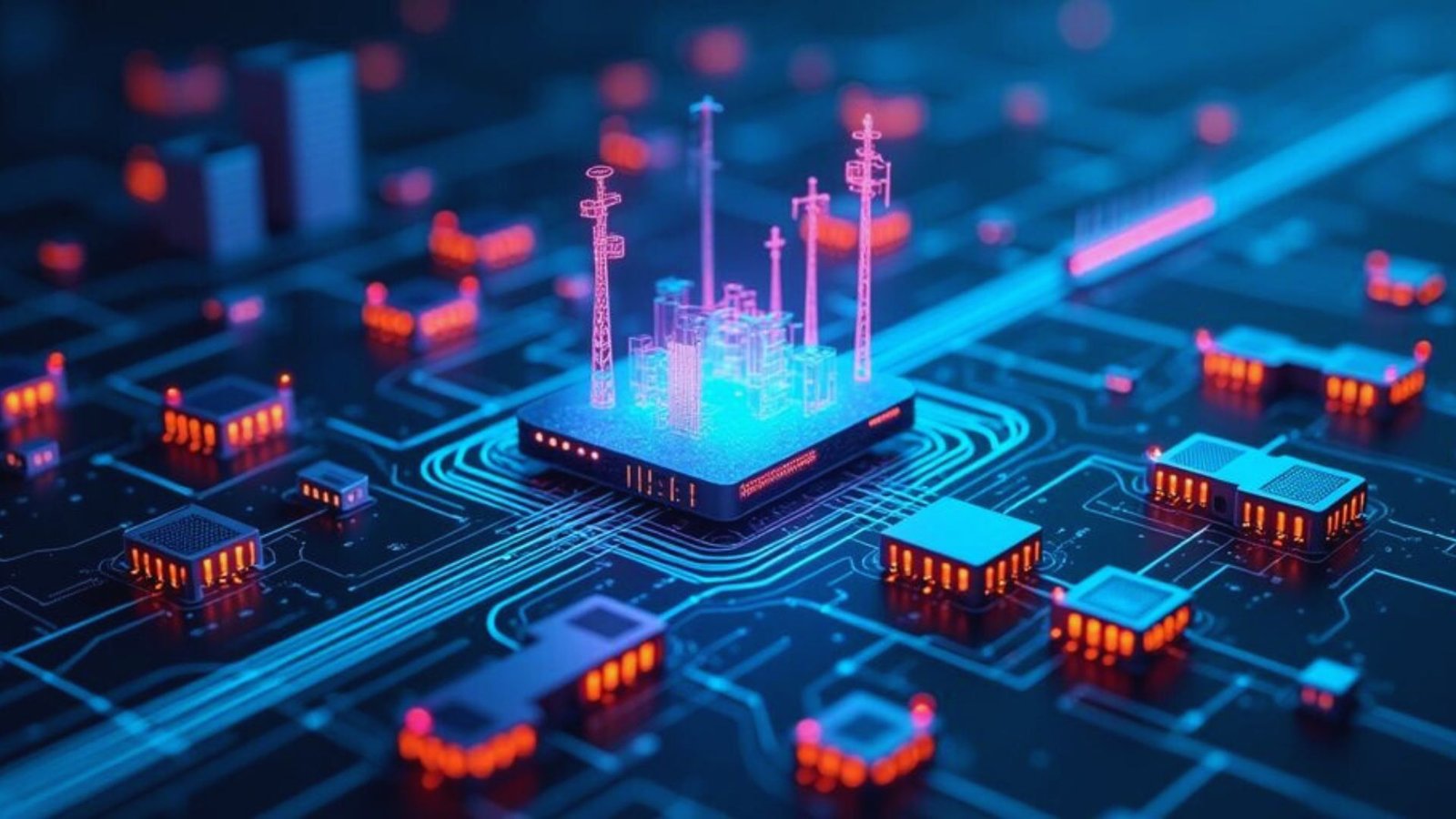 A cityscape surrounded by a network of electronic devices, illustrating modern technology's integration into urban life.
