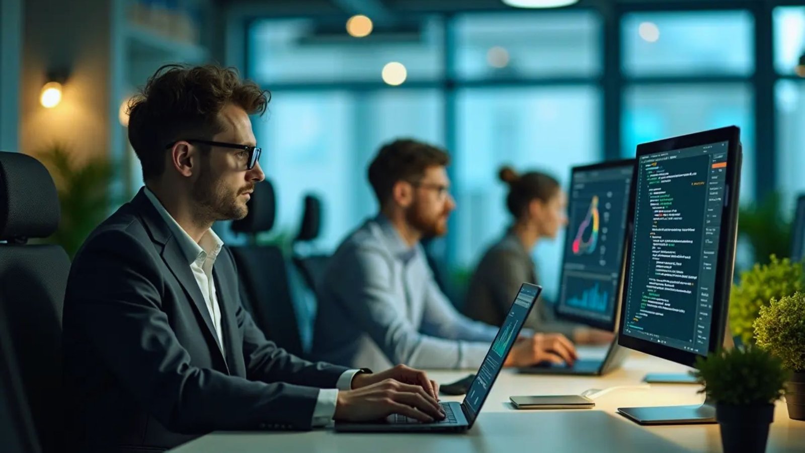 A man in a suit sits at a desk with two computers, focused on his work in a professional office setting.
