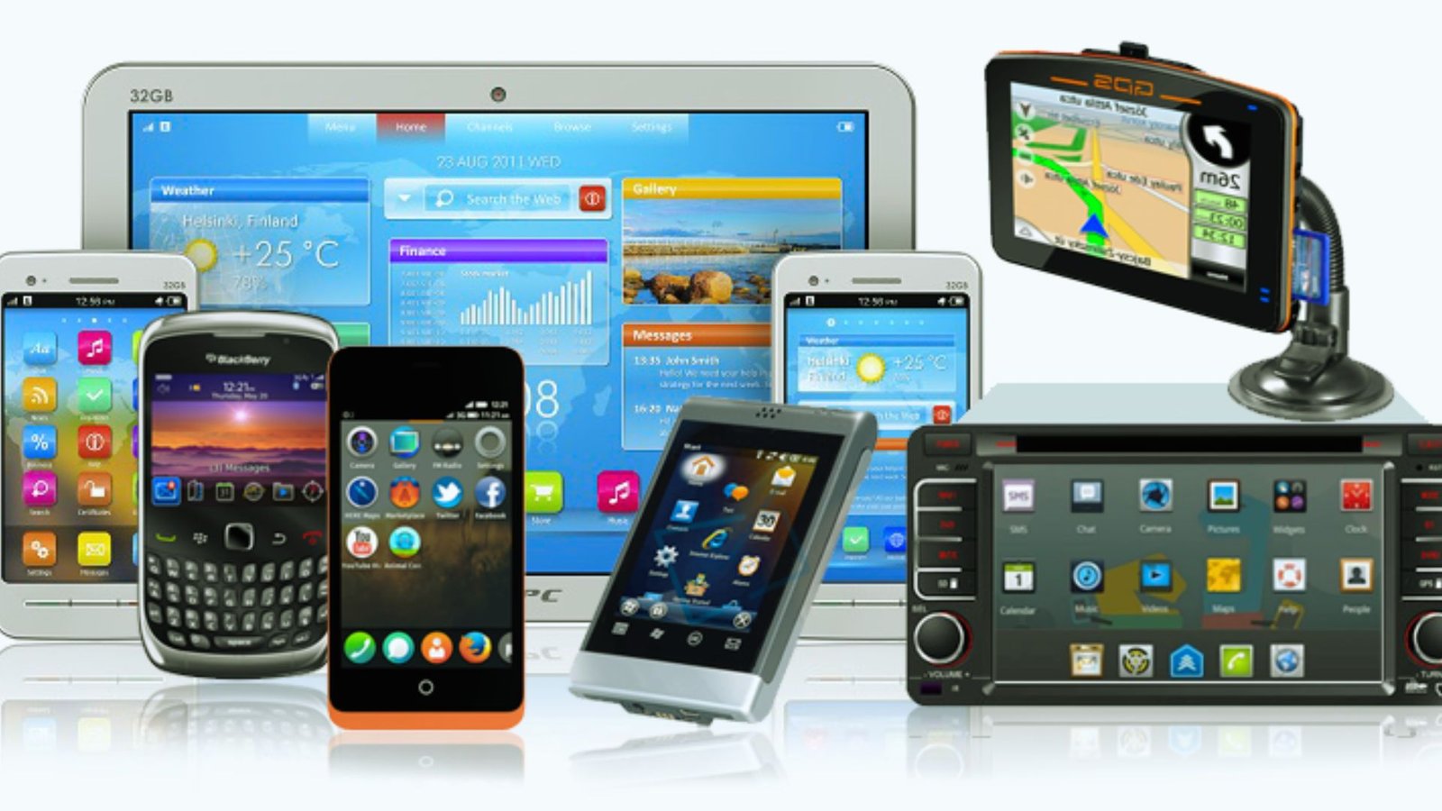 . A collection of mobile devices and GPS devices arranged on a surface, showcasing their various designs and features.