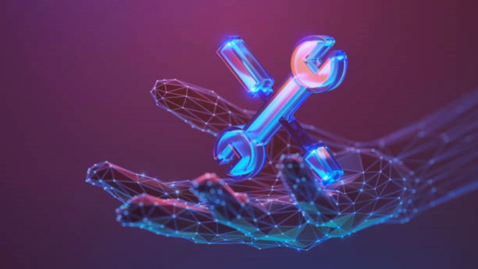 A hand gripping a wrench in front of a computer screen displaying technical information.