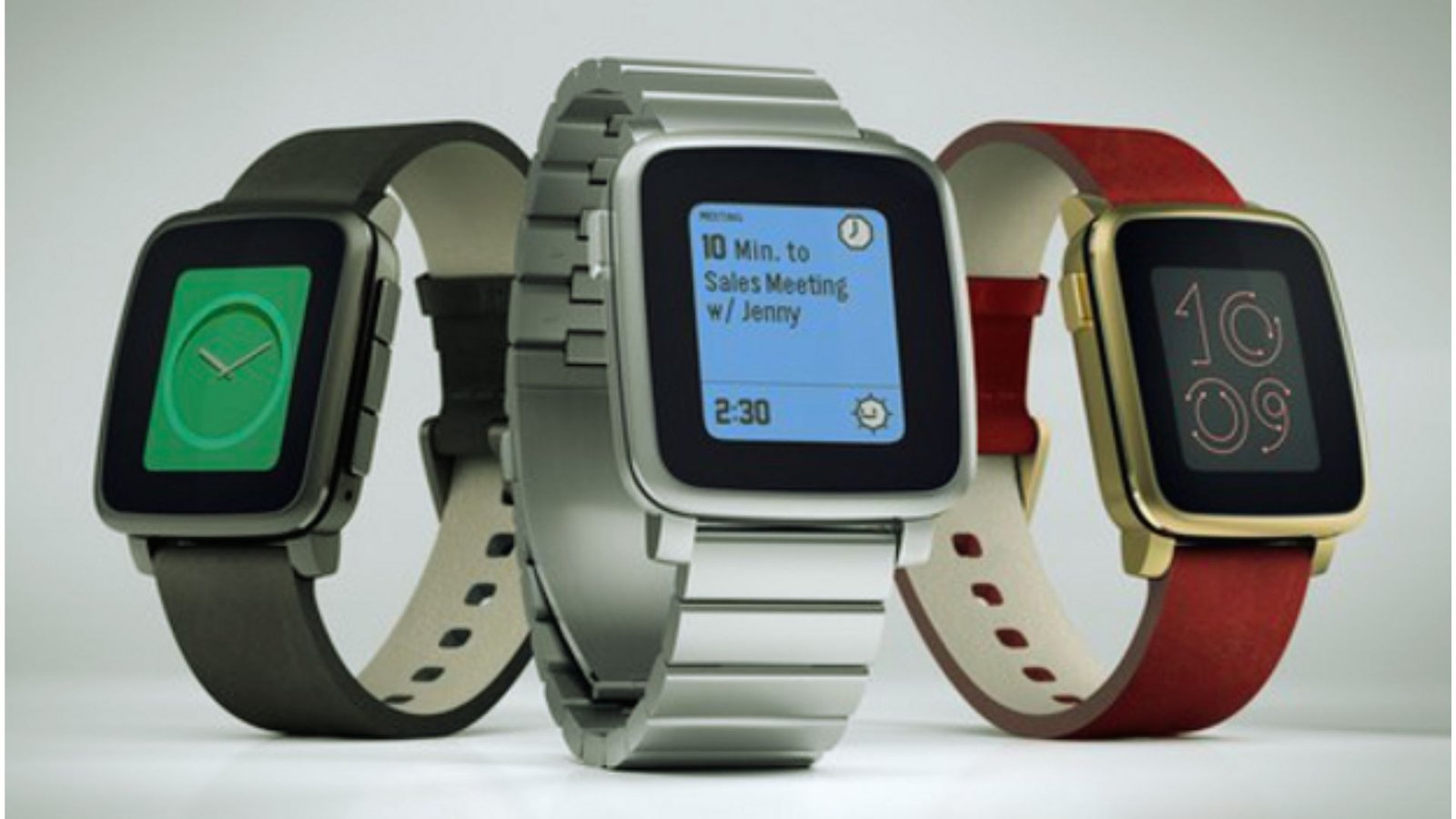 Three smartwatches displayed in various colors and styles, showcasing modern design and technology.
