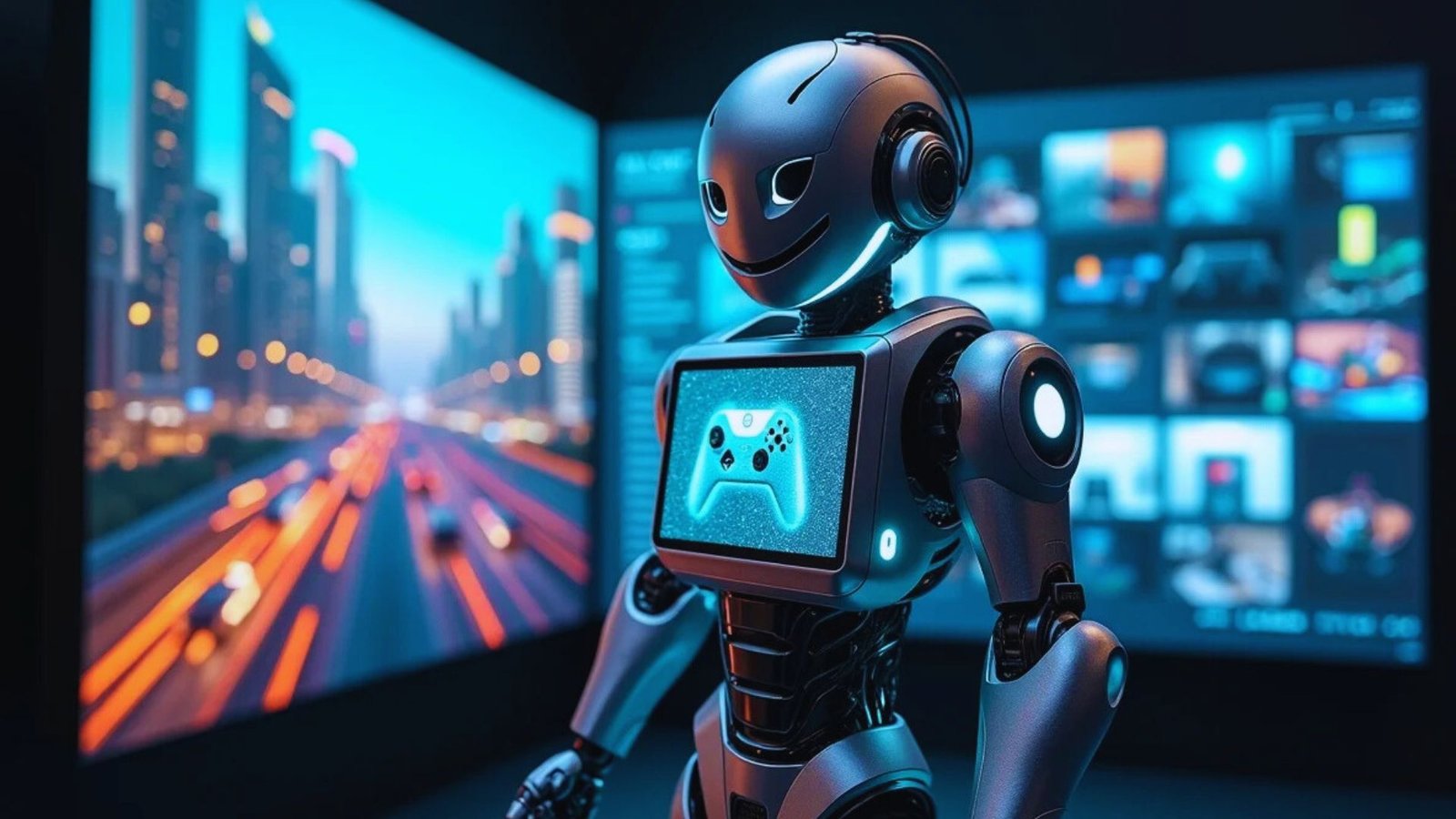 A robot stands in front of a television screen, showcasing a futuristic interaction between technology and media.
