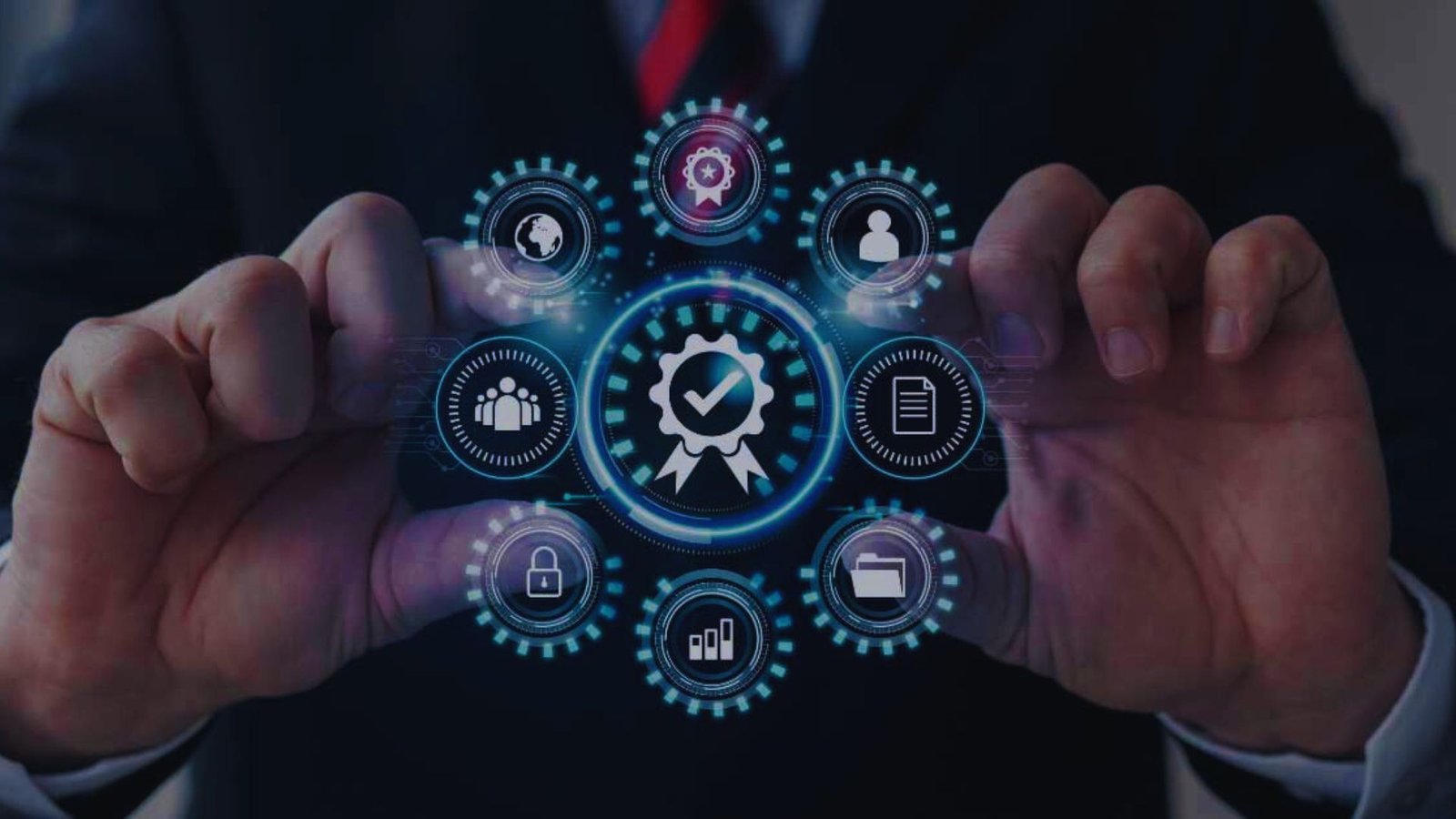  Businessman holding a virtual business icon, symbolizing digital innovation and entrepreneurship in a modern workspace.
