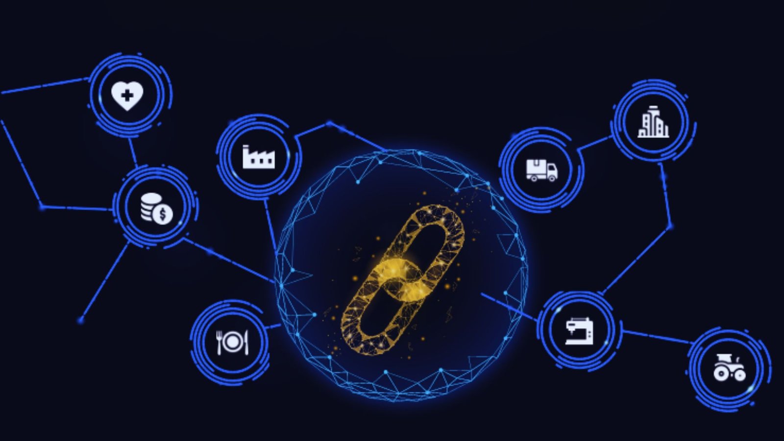 A visual representation of blockchain technology connected to various icons symbolizing different applications and services.
