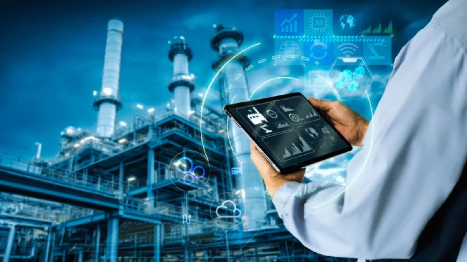  A futuristic factory scene showcasing advanced robotics and automation technology in industrial settings.