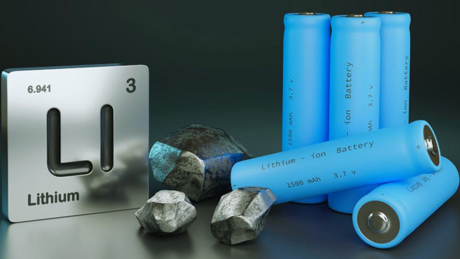 A collection of various batteries, including a prominent lithium battery among them.
