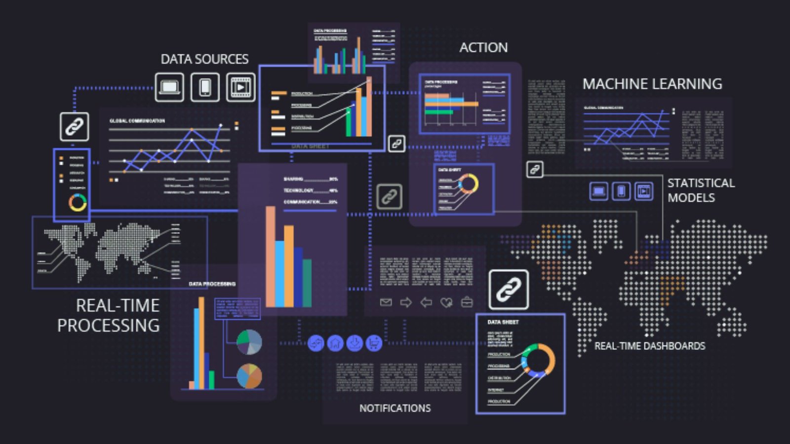  Illustration of a business dashboard displaying key performance indicators and analytics in a visually organized layout.
