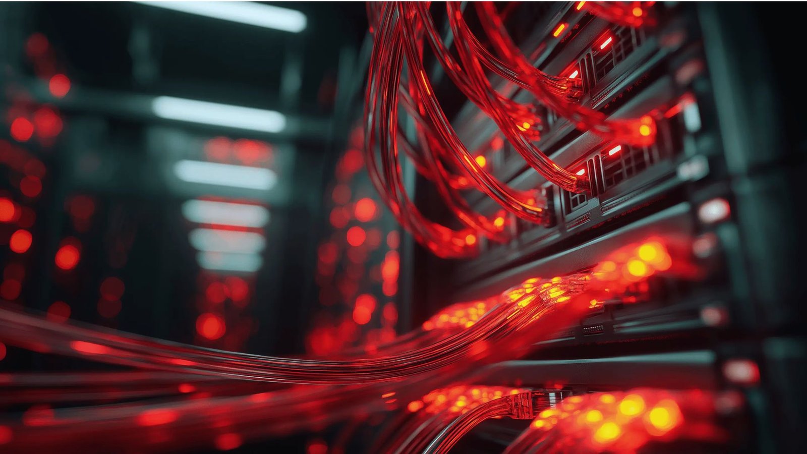 Close-up of a server rack featuring multiple red indicator lights, highlighting its operational status.