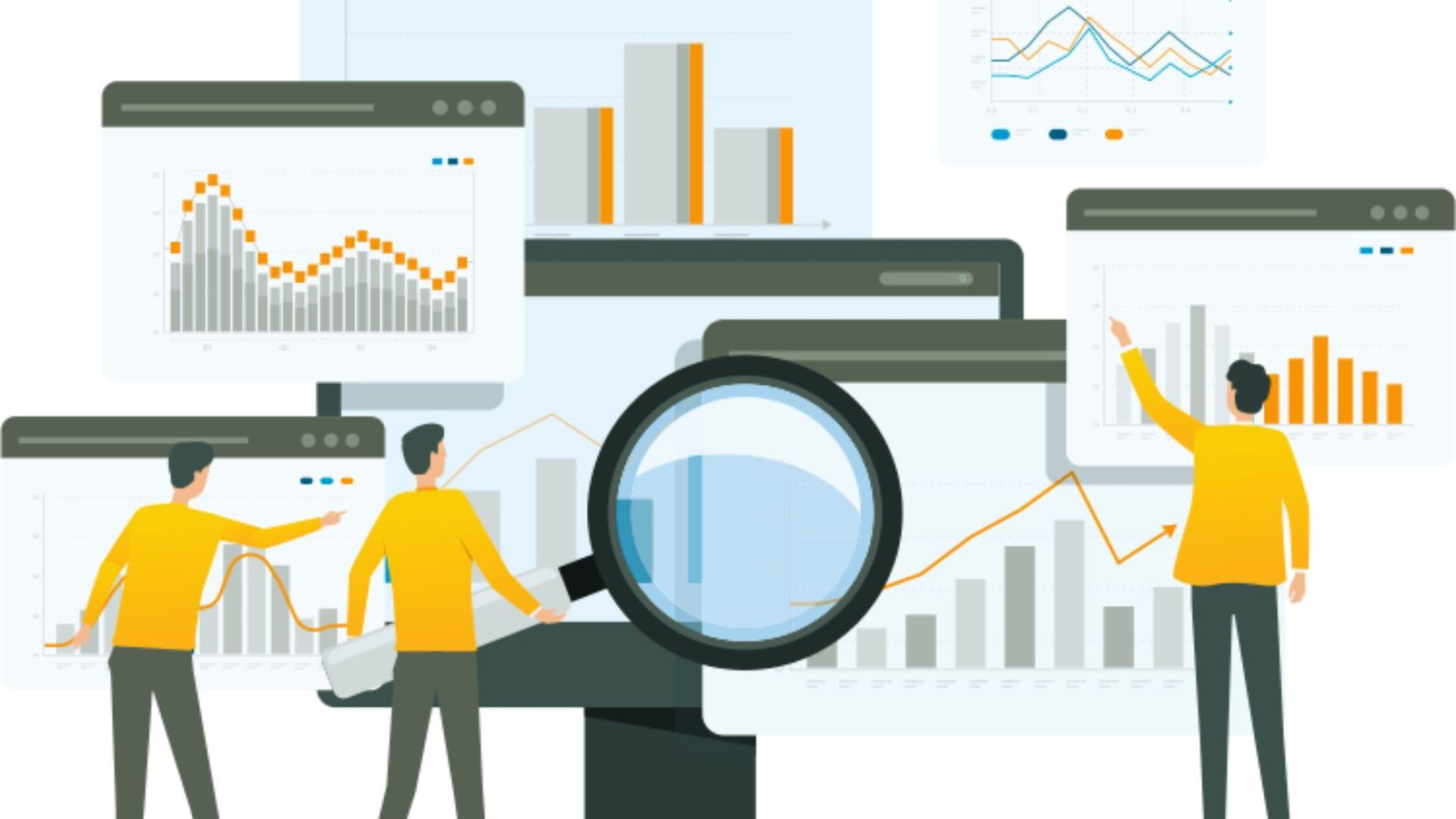  A group of people analyzing graphs and charts displayed on a computer screen during a meeting.
