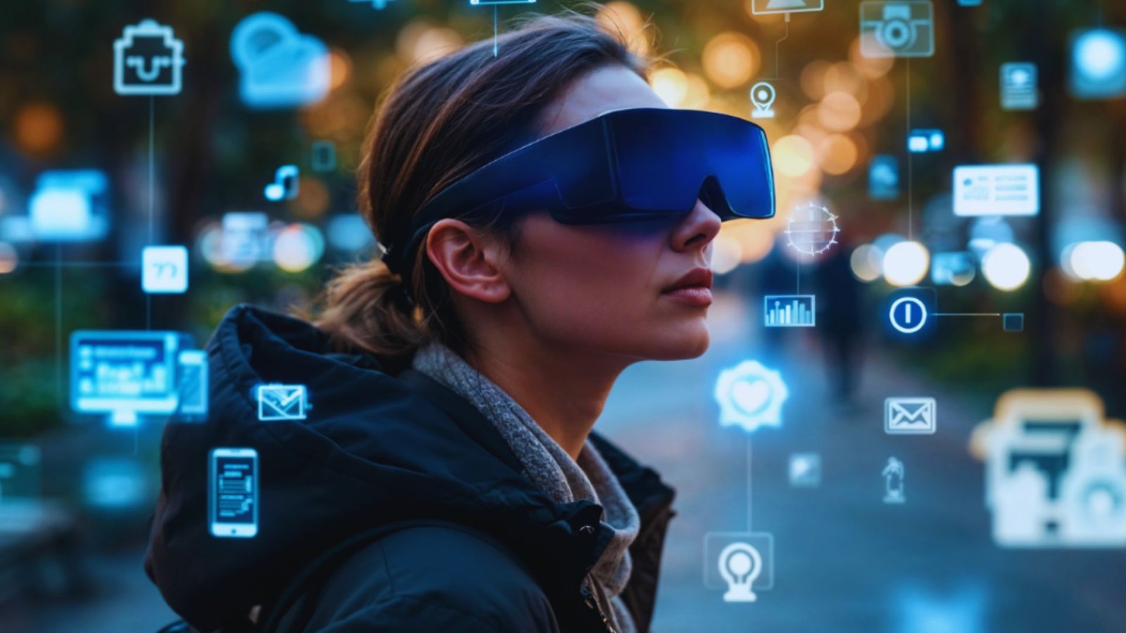 Woman wearing virtual reality glasses, looking engaged and exploring a digital environment.