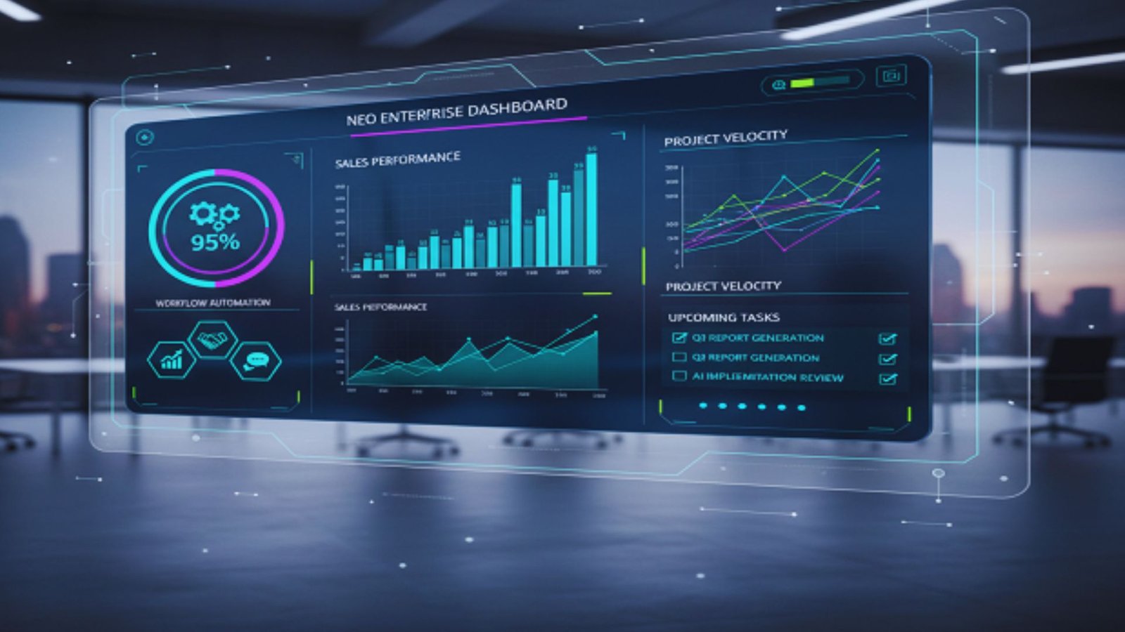  A futuristic dashboard displaying various graphs and charts, showcasing data trends and analytics.