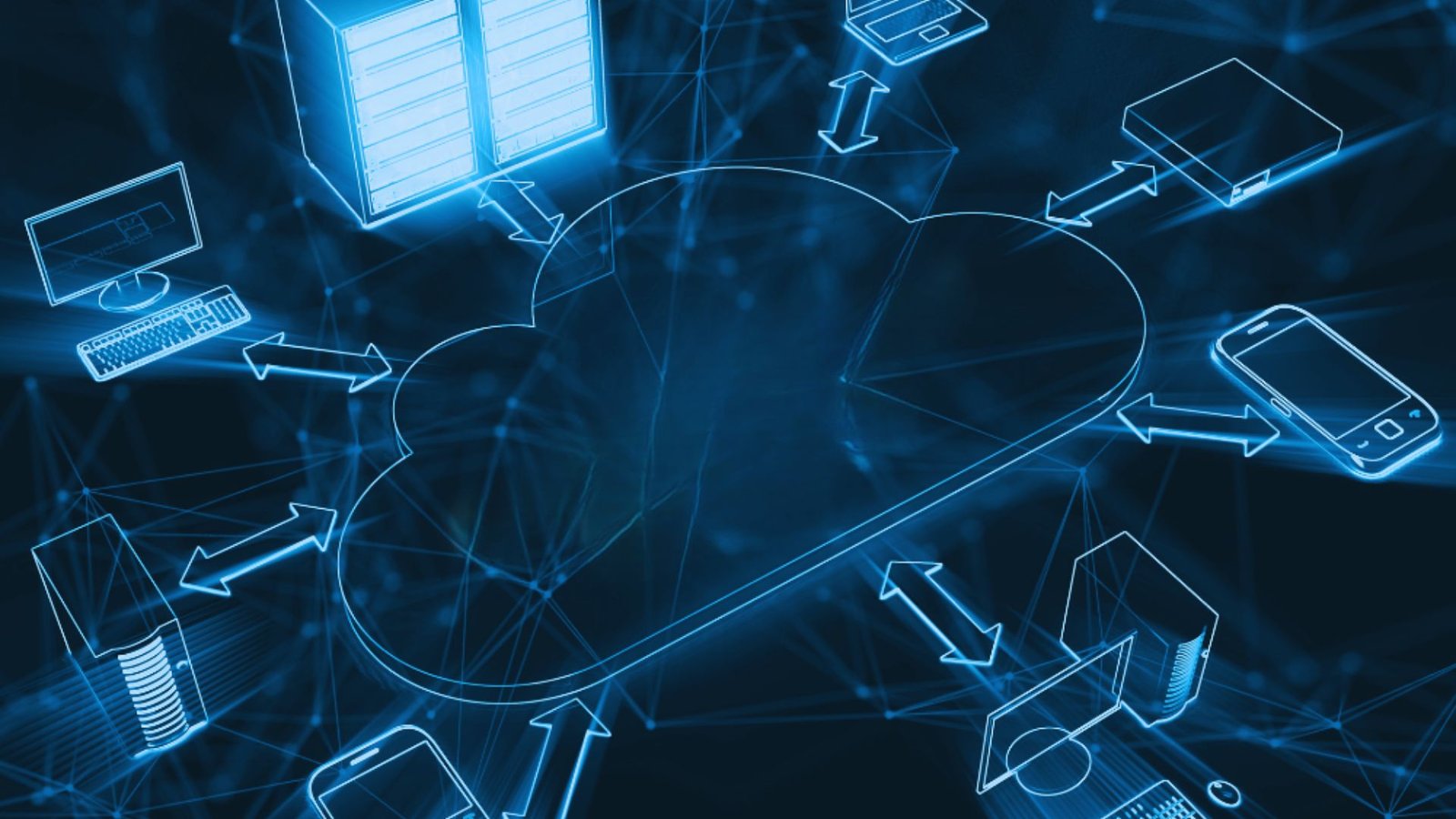  Cloud computing concept illustrating networked devices connected through a digital network.
