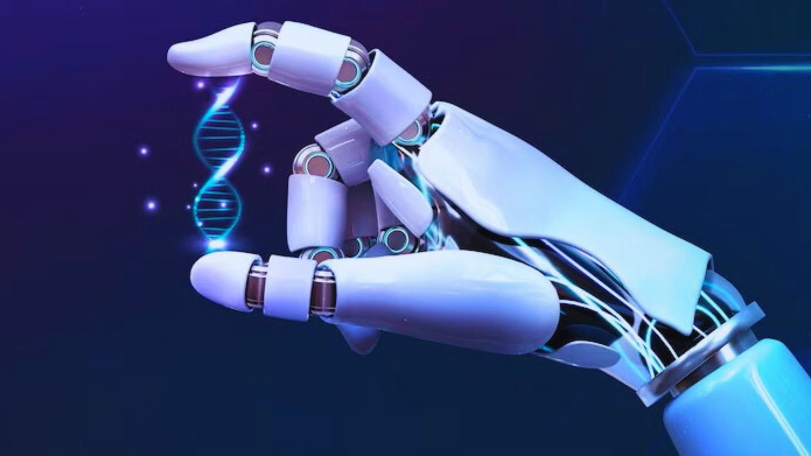  A robotic hand grasping a double helix DNA strand, symbolizing the intersection of technology and genetics.